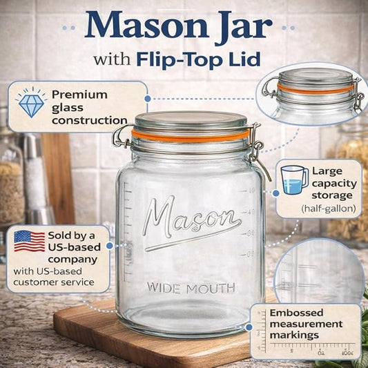 kitchentoolz 64 oz Mason Jars Wide Mouth with Airtight Lids – Set of 2 Half Gallon Glass Jar with Lid – Large Mason Jars with Lids for Kitchen Pantry, Storage, and Canning