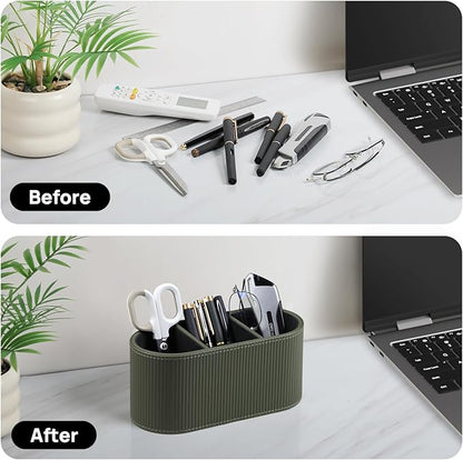 Aesthetic Remote Control Holder, PU Leather Remote Holder Desktop Organizers with 3 Compartments for Home Office Supplies and Accessories, Stylish Bedside Nightstand Organizer (Green)
