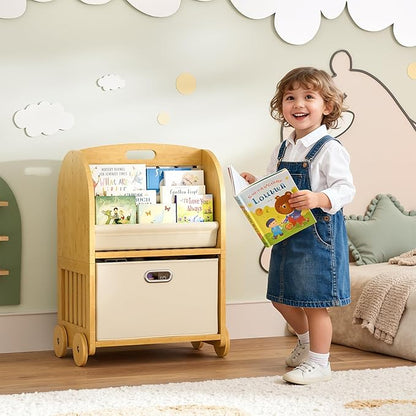 2-Sided, 3-Tier Bamboo Kids Bookshelf, Montessori Shelf with Safe Wheels and Large Storage Drawer, Toddler Bookcase Nursery Book Shelves and Toy Storage for Baby Rooms Playroom Kindergarten