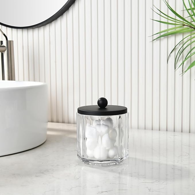 Indecor Home Clear Transparent Apothecary Octagional Shaped Glass Canister Jar With Matte Black Metal Lid Cover for Bathroom Organization, Cotton Balls, Q Tips, and Small Accessories, Bath Storage