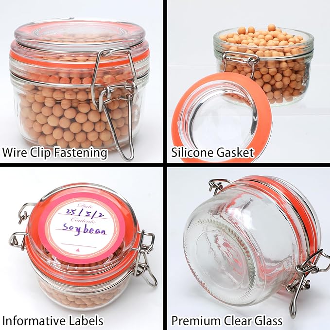 Flrolove 5 oz Glass Jars with Airtight Lid,Small Leak Proof Rubber Gasket Glass Canisters,Glass Food Storage Container for Kitchen,Jam,Spice, Cereal, Beans,Cookies