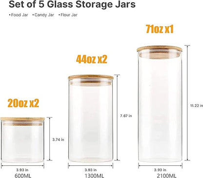 YUNCANG Glass Storage Jars [Set of 5],Clear Glass Food Storage Containers with Airtight Bamboo Lid Stackable Kitchen Canisters for Candy,Cookie,Rice,Sugar,Flour,Pasta,Nuts and Spice Jars(Square)