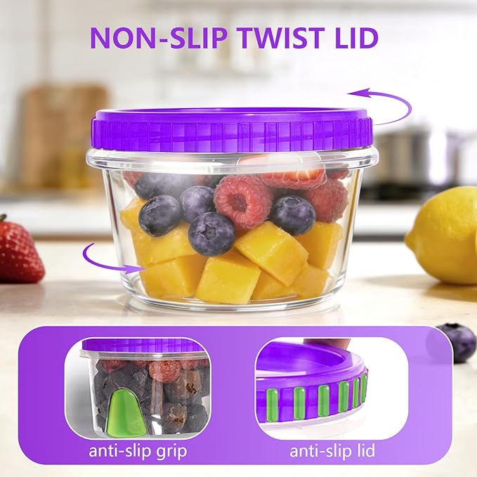 Slomg 10 Pack 16 oz Freezer Storage Containers with Purple Twist Top Lids, Small Plastic Food Storage Soup Meal Prep Containers, Leakproof Overnight Quart Containers for Lunch Leftover Fruit Salad Oat
