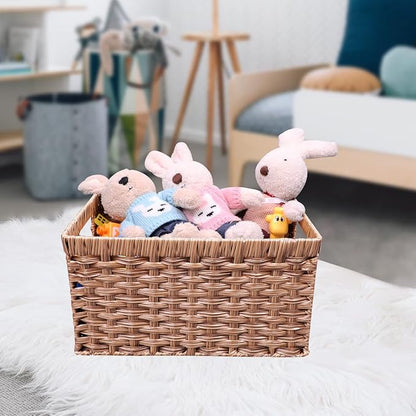 Wicker Baskets 2 Pack, Rectangular Wicker Storage Basket with Handles, Waterproof Plastic Large Baskets for Organizing, Nesting Hand-Woven Storage Baskets for Pantry Storage