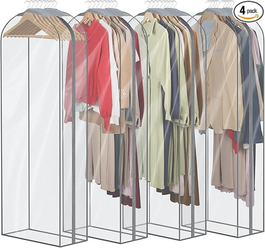 Zilink Breathable Fur Coat Storage Bags 60" Dress Bags for Gowns Long Mink Coat Storage Bag for Hanging Clothes with 10" Gussted Wrinkle Free for Leather Jacket Fur Puffy Dress, Set of 4