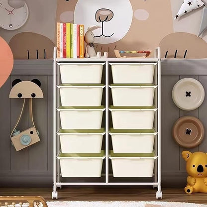 Rolling Cart with 10 Drawers, Plastic Drawer Cart with Metal Frame, Multipurpose Art Craft Cart Organizer with Wheels, Utility Cart with Drawers for Home, Office, School, White