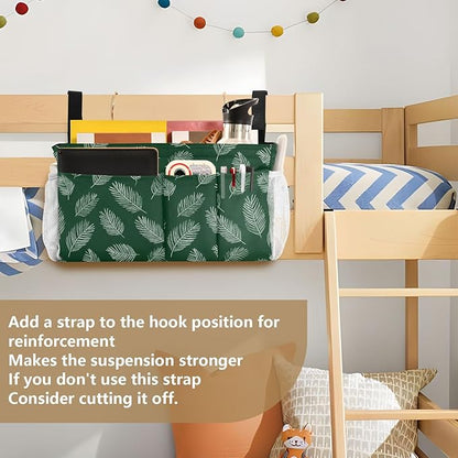 CuwrYet Bedside Caddy Hanging Bunk Bed Caddy Bed Organizer Hanging Pocket with 2 Hooks Bedside Storage Organizer Pocket Bag Holder Green Simple Palm Leaf