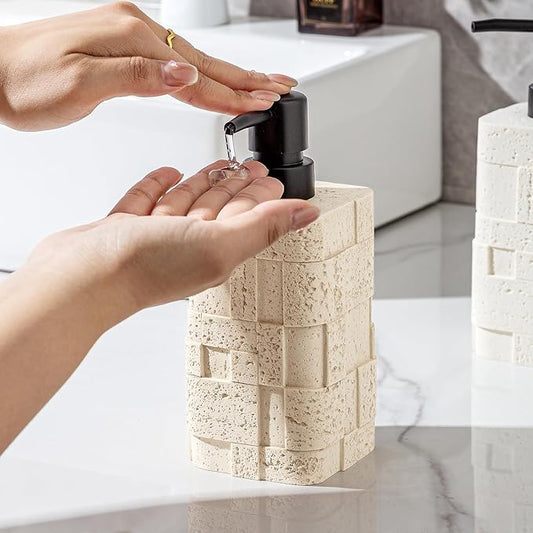 Haocoott Soap Dispensers 400mL 13.5 OZ, 2 PCS Luxurious Hand Dish Lotion Shampoo Soap Dispenser Jar, Travertine Stone Look Soap Pump Bottles for Kitchen Bathroom Countertop (White)