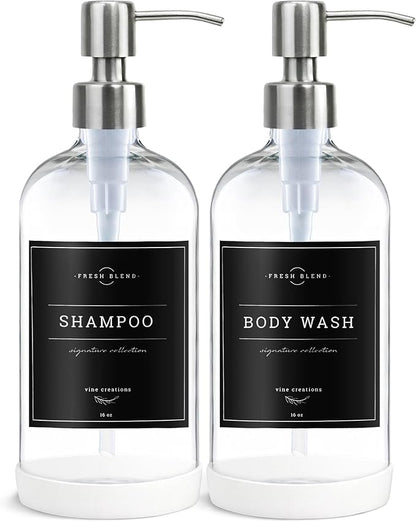 Vine Creations Clear Glass Soap Dispenser, 2 Pack Kitchen Soap Dispenser Set with Stainless Steel Pump, 16 oz Hand Soap or Dish Soap for Bathroom or Kitchen with Waterproof Labels