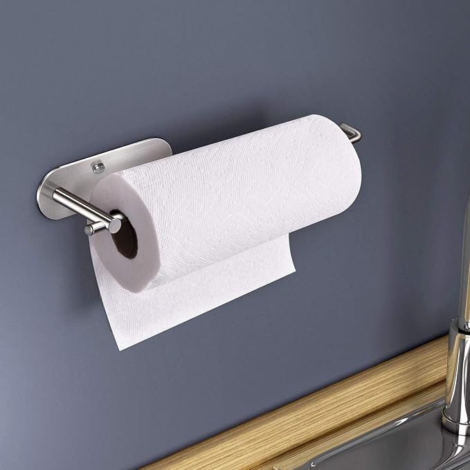 VAEHOLD Self Adhesive Paper Towel Holder Under Cabinet Mount, Wall Mounted Paper Towel Roll Holder for Kitchen, Bathroom, Wall - SUS304 Stainless Steel (Silver)