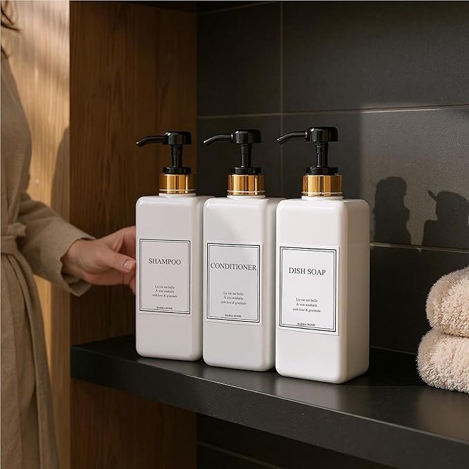 Shampoo and Conditioner Dispenser - Modern Gold Design Large 27oz Shower Soap Dispenser Set of 3, Refillable Empty Plastic Pump Bottles for Bathroom, 6 Waterproof Labels Included, Black