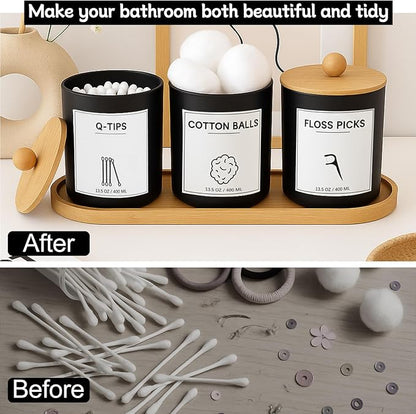 GYOSUGANG 3 PCS Qtip Holder for Bathroom, Cotton Ball Holder with Tray, Bathroom Organizers and Storage, Bathroom Jars for Floss Picks, Cotton Swabs, Balls, Pad(Black)