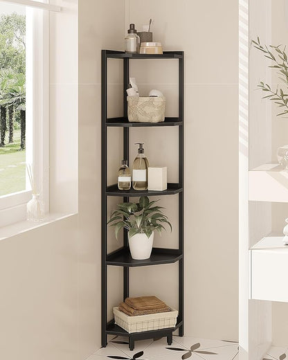 Corner Shelf Stand, Corner Bookshelf, Storage Standing Shelf Unit with Metal Frame, Plant Stand, Corner Bookcase for Living Room, Home Office, Bedroom, 5-Tier Black CS05906B
