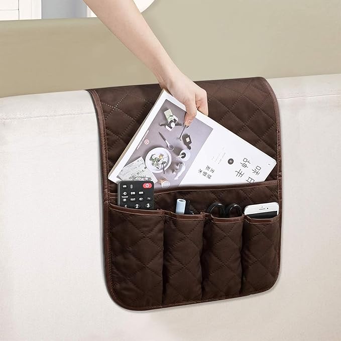AUVCAS Sofa Armrest Organizer Non-Slip Arm Chair Bedside Storage Caddy Organizer Armchair Caddy for Recliner Couch Remote Holder with 5 Pockets for Cell Phone TV Remote Control Magazines (Coffee)