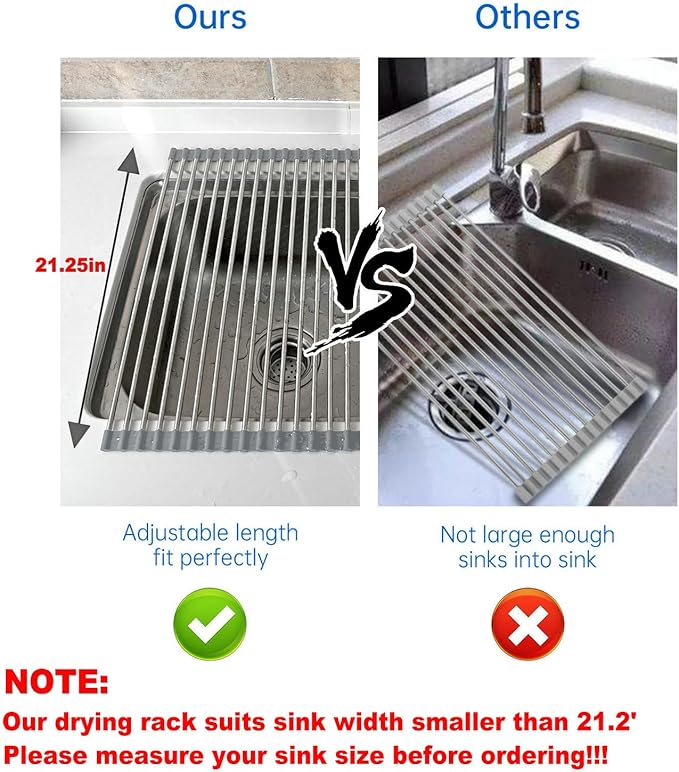 CHIRISEN Expandable Large Roll Up Dish Drying Rack, Foldable Over The Sink Dish Drying Rack, Rolling Dish Drainer Stainless Steel Roll Rack for Kitchen Sink Counter (Black, 21.25x12.79)