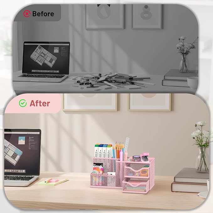 Mesh Desk Organizer, Pen Organizer with 2 Drawers and 5 Compartments, Versatile Pen Holder for Small Space, Desk Organizers and Accessories for School Office Supplies, Pink