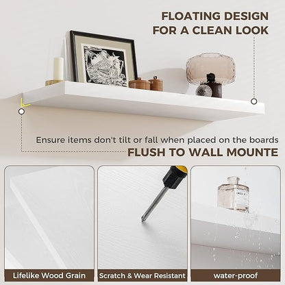 Fun Memories 12 Inch Deep Floating Shelves for Wall, 20 Inch Long Wall Mounted Storage Shelf with Invisible Brackets, 3 Pack Hanging Wood Shelf for Farmhouse, Bedroom, Kitchen, Living Room, White