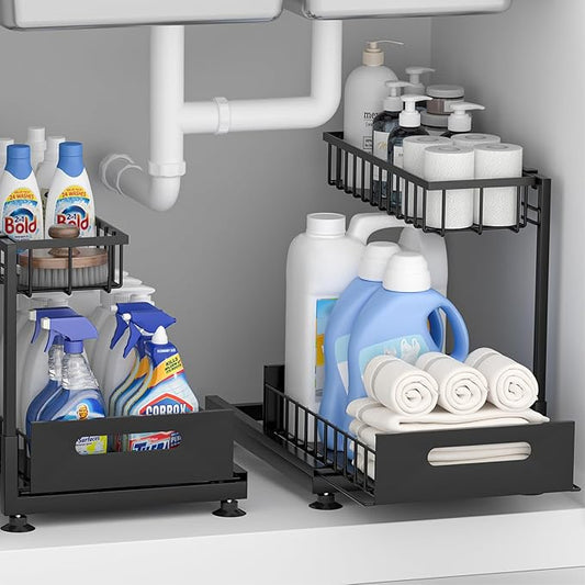 Under Sink Organizer Storage 2-Tier Premium Metal Pull-Out Racks, Height Adjustable, Heavy Dut and Easy Installation for Kitchen & Bathroom Organizers 2 Pack