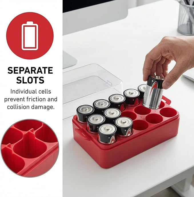 ALCYON Battery Organizer Storage Case, Battery Vault Box Container for 12pcs D Batteries, Plastic Clear Protective Battery Holder for Travelling/Home/Office (Red, Large)
