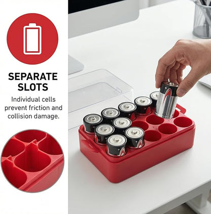ALCYON Battery Organizer Storage Case, Battery Vault Box Container for 12pcs D Batteries, Plastic Clear Protective Battery Holder for Travelling/Home/Office (Red, Large)