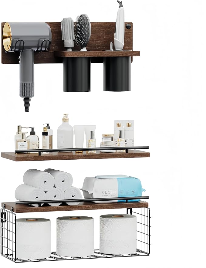 RoleDes Bathroom Floating Shelves Wall Mounted Set of 3, Bathroom Wall Shelf with Blow Dryer Holder & Hair Tool Organizer, Above Toilet Floating Shelves, Modern Farmhouse