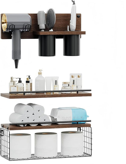 RoleDes Bathroom Floating Shelves Wall Mounted Set of 3, Bathroom Wall Shelf with Blow Dryer Holder & Hair Tool Organizer, Above Toilet Floating Shelves, Modern Farmhouse