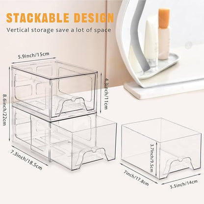 Stebopum 6 Pack Stackable Makeup Organizer, 4.4'' Tall Acrylic Bathroom Makeup Organizer and Storage Drawer with Pull-out Handle, Clear Plastic Storage Bins for Vanity,Pantry,Desk,Undersink,Kitchen