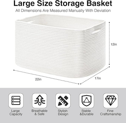 Large Rectangle Blanket Basket, Large Storage Basket, Cotton Rope Woven Baskets for Storage with Handles, Toy Baskets for Baby Nursery Living Room Bedroom, 22”x17”x12”, White, 75L