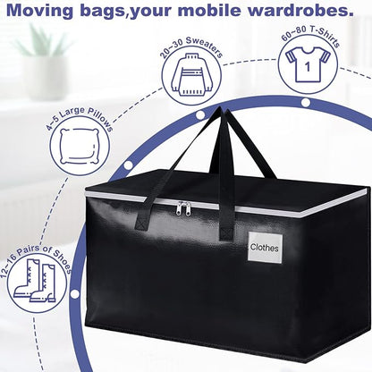 StorageRight Heavy Duty Moving Boxes-Moving Bags with Zipper, Reinforced Handles and Tag Pocket-Collapsible Moving Supplies-Totes for Storage Great for moving, Storage and Travel 93L(Black-6 Pack)