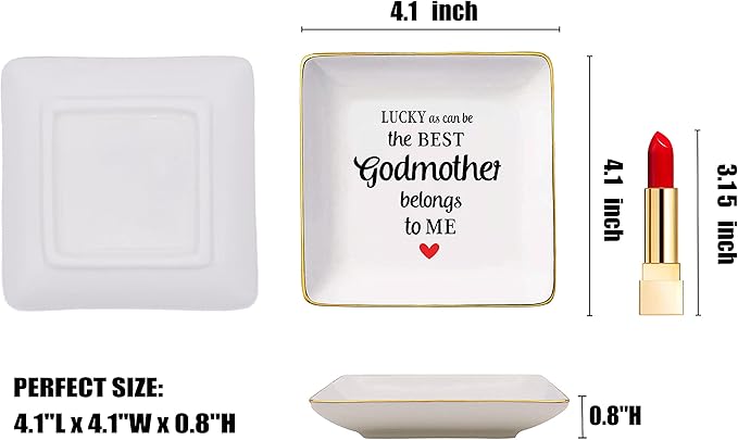 Godmother Gifts from Godchild-Birthday Baptism Christmas Mother's Day Presents for Godmom-Ceramic Jewelry Tray,Trinket Holder,Ring Dish-Lucky as Can Be the Best Godmother Belongs to Me