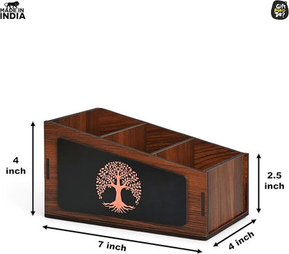 GKD Remote Stand with 3 Sections | Wooden Remote Holder for Living Room, TV, and AC | Stationary Organizer | 3 in 1 | Ideal for Home and Office, New Year Gift, Housewarming Gift (Tree Wood)