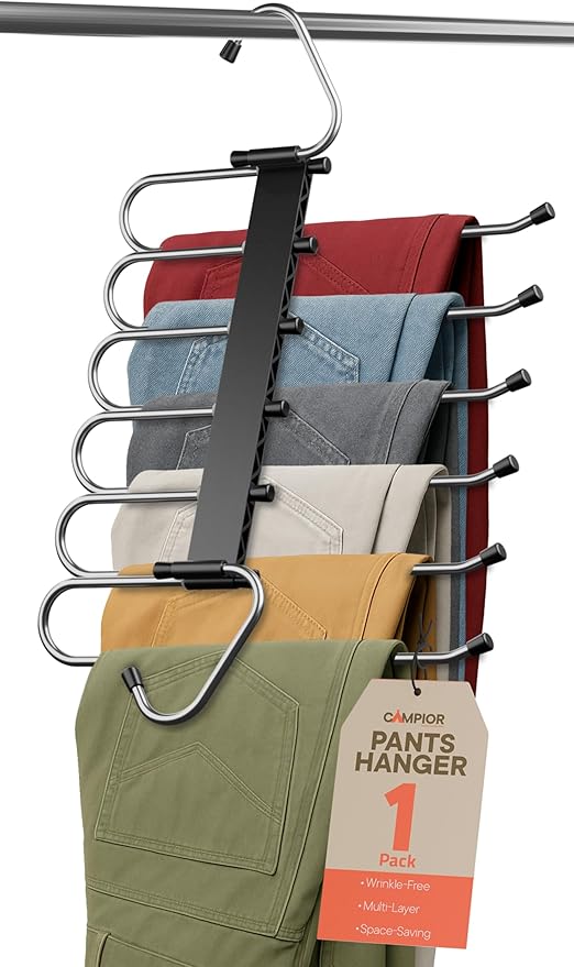 Black Space Saving Pants Hangers 1 Pack, 6 Layer Jeans Hangers and Closet Organizer for Jeans, Scarves, Skirts, Multi-Layer Hanger with Anti-Slip Coating & Stopper, Heavy-Duty S-Type Stainless Steel