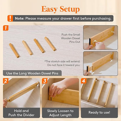 Lifewit 8 Pack 4" High Bamboo Drawer Dividers, 17-21.5" Adjustable Drawer Organizers for Clothes, Wood Dresser Drawer Divider, Expandable Deep Drawer Separators for Dresser, Kitchen, Bedroom, Bathroom