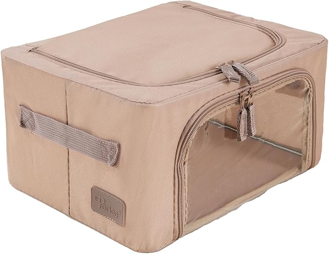 Periea Oxford Cloth Steel Frame Storage Boxes - Under-Bed or in Closet - Pack of 2 Compact Organizers (Camel)