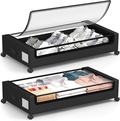 Under Bed Storage Containers with Wheels - Foldable Organizer Bins for Blankets, Clothes, Shoes, Toys, and Comforters.Capacity, Space Saving, Easy Pull Out, Clear PVC (black-2)