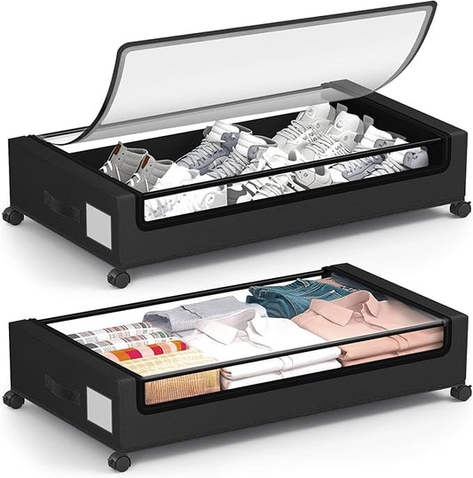 Under Bed Storage Containers with Wheels - Foldable Organizer Bins for Blankets, Clothes, Shoes, Toys, and Comforters.Capacity, Space Saving, Easy Pull Out, Clear PVC (black-2)