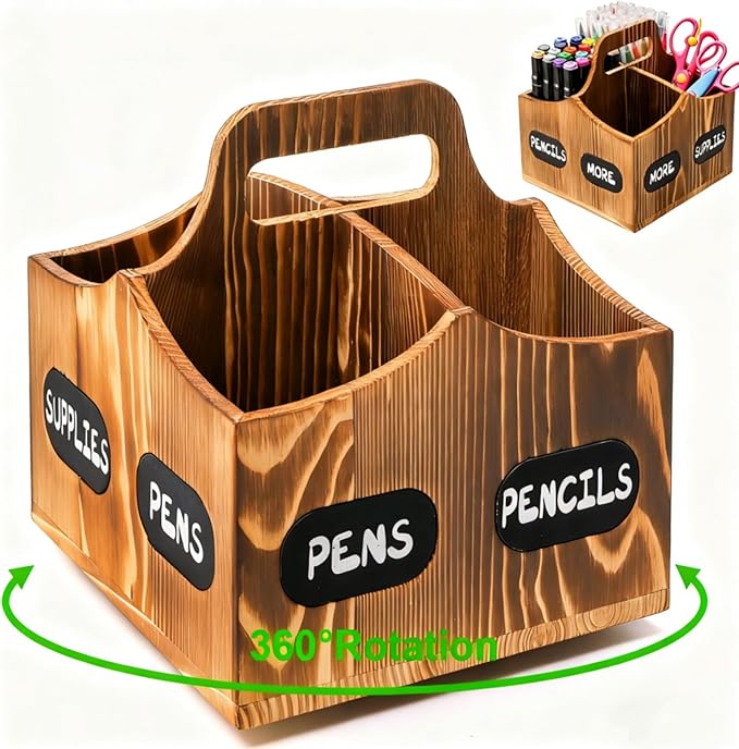 360° Rotating Art Supply Organizer, Wood Pen Pencil Holder with Handle, 4 Slots Lazy Susan Desktop Storage Caddy for Paint Brushes, Crayons, Art Studio, School, Office Supplies