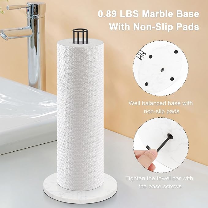 NearMoon Paper Towel Holder Countertop, Sturdy Metal Paper Towel Stand Dispenser with Marble Base, Standard or Jumbo-Sized for Kitchen Counter, Farmhouse, Living Room, Matte Black