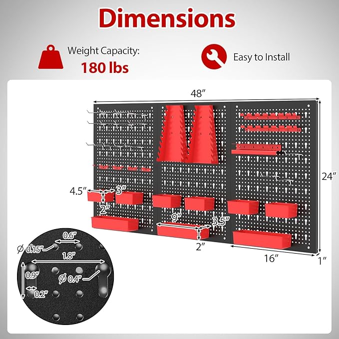 Tool Pegboard Organizer, 4 FT Metal Pegboard Wall with Hooks, Storage Bins & Tool Holders, Peg Board Kit Garage Storage System for Workbench Shed, Craft Room & Workshop (Black+Red)