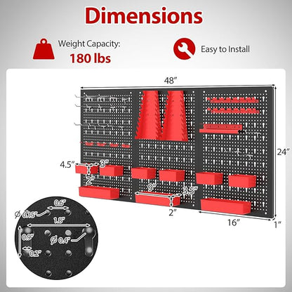 Tool Pegboard Organizer, 4 FT Metal Pegboard Wall with Hooks, Storage Bins & Tool Holders, Peg Board Kit Garage Storage System for Workbench Shed, Craft Room & Workshop (Black+Red)