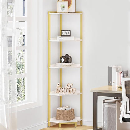 Corner Shelf Stand, Corner Bookshelf, Storage Standing Shelf Unit with Metal Frame, Plant Stand, Corner Bookcase for Living Room, Home Office, Bedroom, 5-Tier White Gold CS05903A