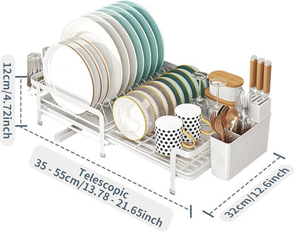 SOVGIZF Large Dish Drying Rack with Drainboard,Expandable Dish Rack for Kitchen Counter, Utensil Holder & Cup Hooks,Rustproof Stainless Steel Drying Dish Rack 23.6’’L x 12.6’’W,White