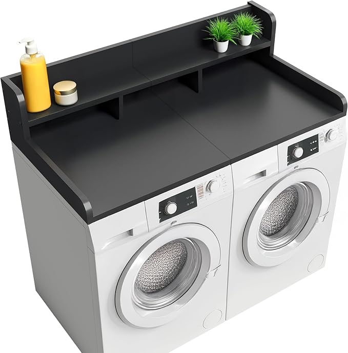 Washer Dryer Countertop, Laundry Wood Shelf Topper with Edge, 2-Tier Laundry Countertop, for Washer and Dryer Laundry Hamper Counter Storage Organization (Black)