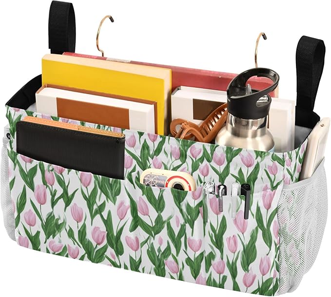CuwrYet Bedside Caddy Hanging Bunk Bed Caddy Bed Organizer Hanging Pocket with 2 Hooks Bedside Storage Organizer Pocket Bag Holder Small Tulips Pink