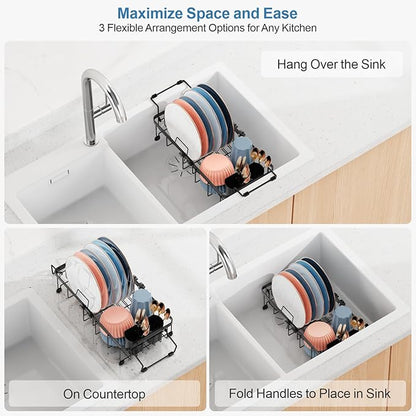 iSPECLE Small Sink Dish Drying Rack, Capacity Expandable Narrow Dish Drainer for RV Sink Apartment Kitchen with Utensil Holder, 12"-16.8" L x 9" W, Black