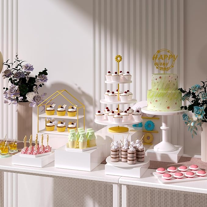 6PCS Buffet Risers, Food Risers for Buffet Table, Acrylic Boxes for Food, Display Stand for Party Catering Dessert Collectibles, Acrylic Cube Boxes with Hollow Bottoms, Food Stand Set, White (8"x9"x10")