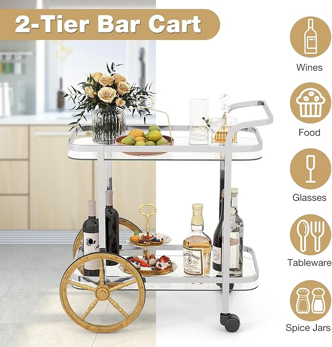 Tangkula Bar Cart for The Home, 2-Tier Rolling Tempered Glass Serving Cart, 2 Large Gold Aluminum Wheels & 2 Casters, Handle, Stainless Steel Frame, Modern Wine Cart for Kitchen Dining Room