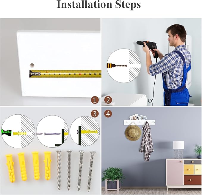 Wood Coat Rack Wall Mounted, 16'' Hole to Hole Wooden Peg Rail for Wall Hangers, 5 Pegs Bamboo Wall Hook for Hanging Towels Hats Robes Clothes Keys, White