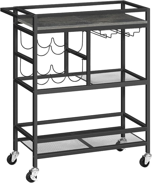 Bar Cart for Home, 3-Tier Serving Cart with Wheels and Handle, Beverage Cart with Wine Rack and Glass Holders, Rolling Wine Cart for Kitchen, Dining Room, Charcoal Gray and Black RCHT6101
