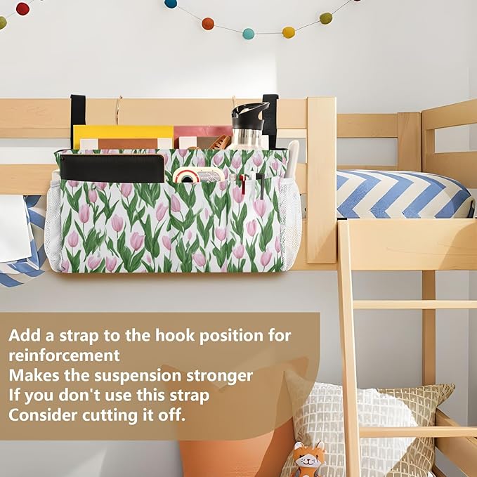 CuwrYet Bedside Caddy Hanging Bunk Bed Caddy Bed Organizer Hanging Pocket with 2 Hooks Bedside Storage Organizer Pocket Bag Holder Small Tulips Pink